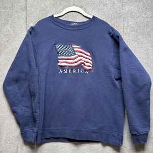 Vtg American Flag Sweatshirt Mens S Blue Stitched Sweater Pullover Crew Nautical